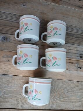 Vintage Beige Ceramic Mug with Pink Floral Accent/Cottagecore Kitchen/Farmhouse